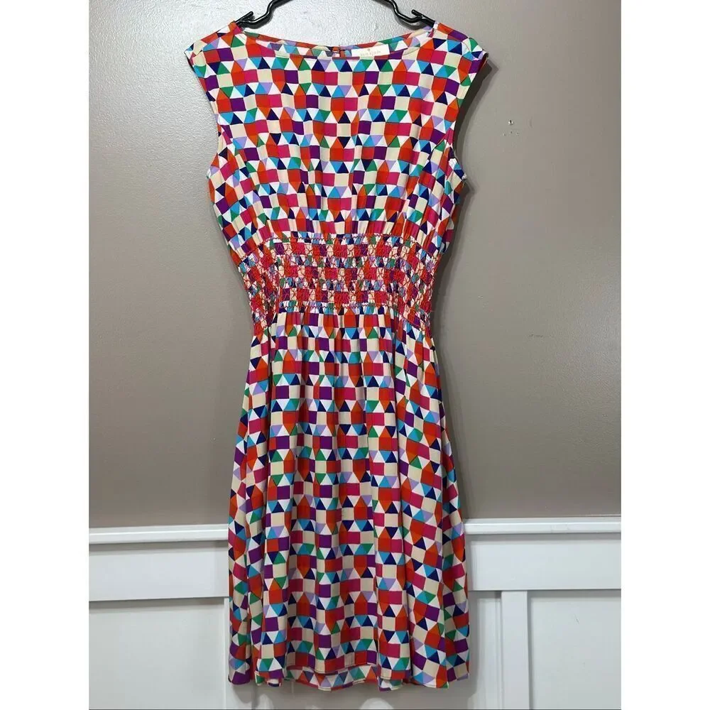 NWOT Kate Spade 100% Silk Abbey Sheath Geometric Fit & Flare Smocked Waist Dress